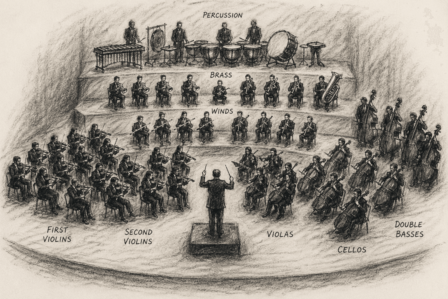 A pencil drawing of the American orchestral seating, with first and second violins together at the conductor's left.