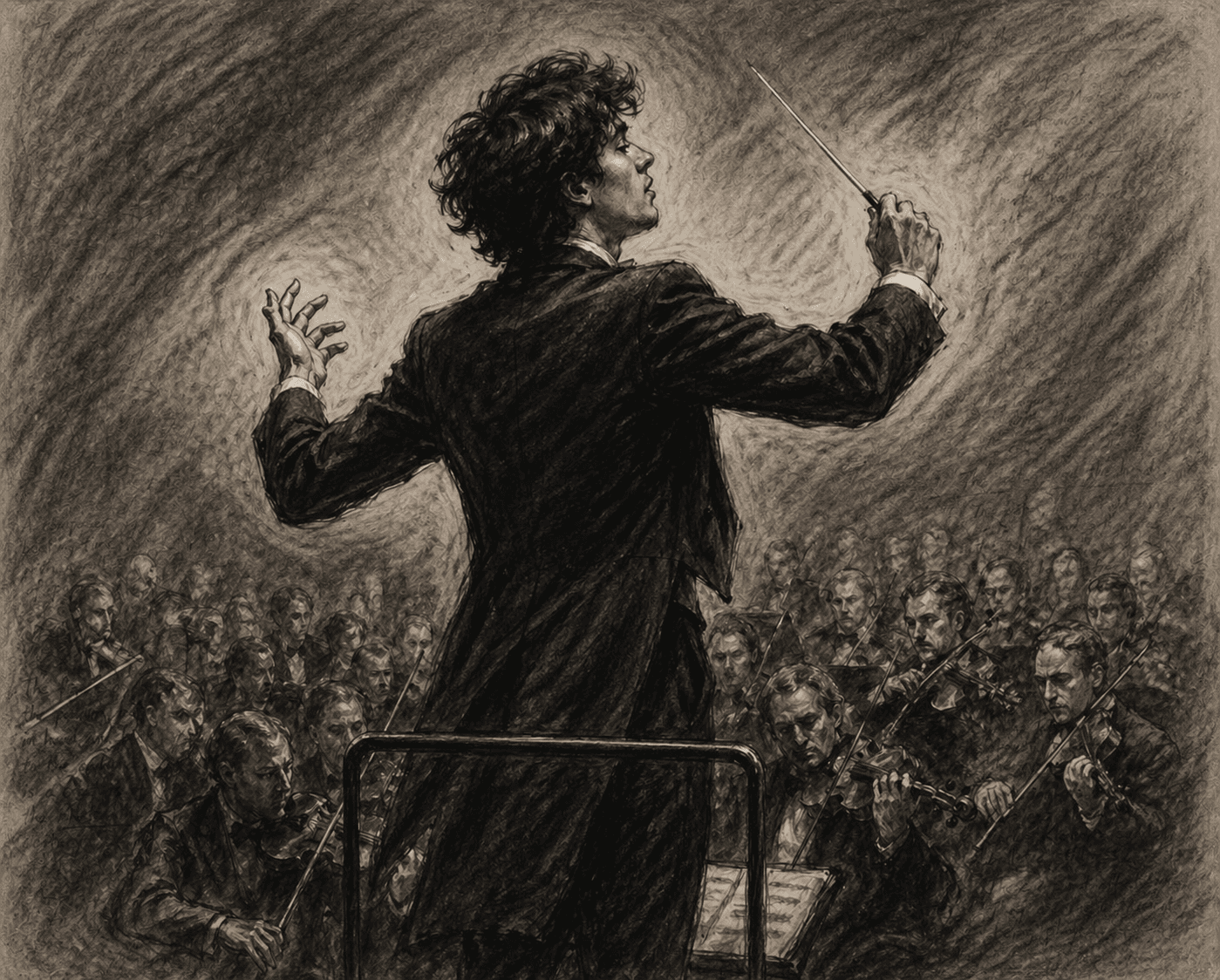 A pencil drawing of a conductor on the podium, bâton raised, the orchestra ranged below.