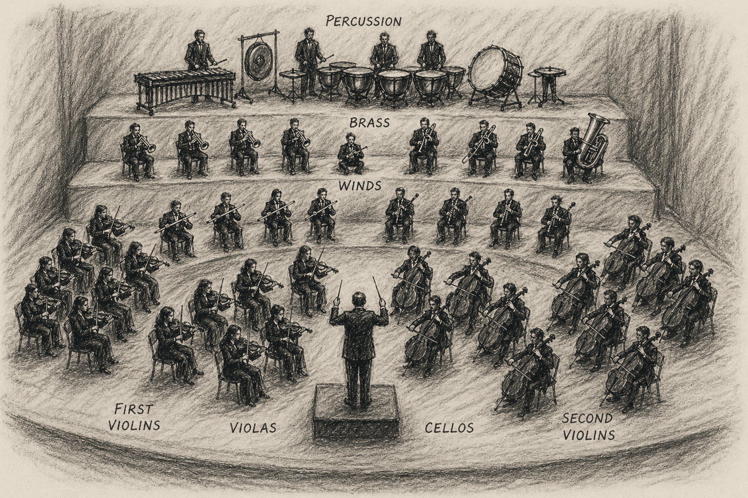 A pencil drawing of the German, or antiphonal, orchestral seating, with first and second violins facing one another across the stage.