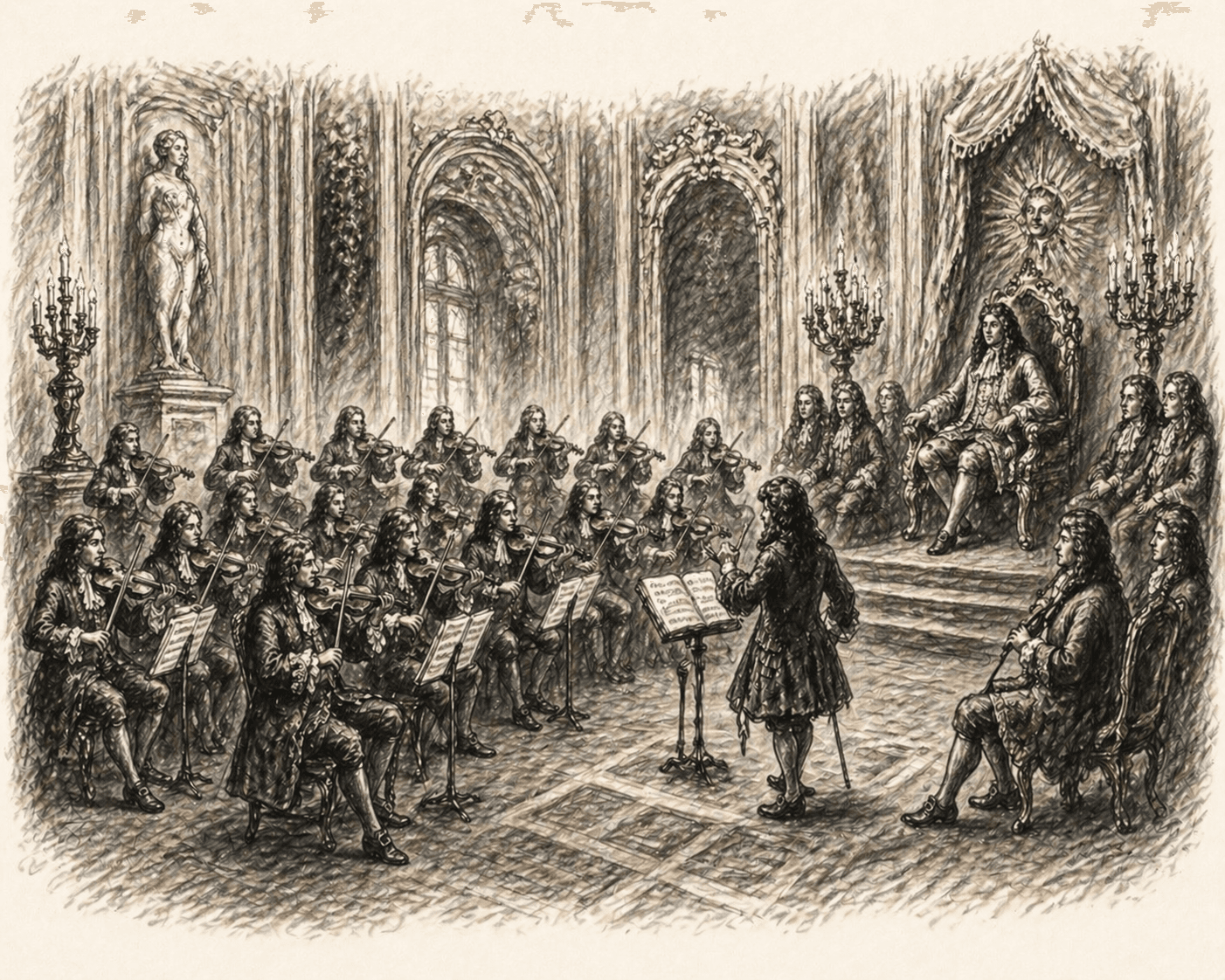 A pencil and ink drawing of Lully directing the Vingt-quatre Violons du Roy at the court of Louis XIV.
