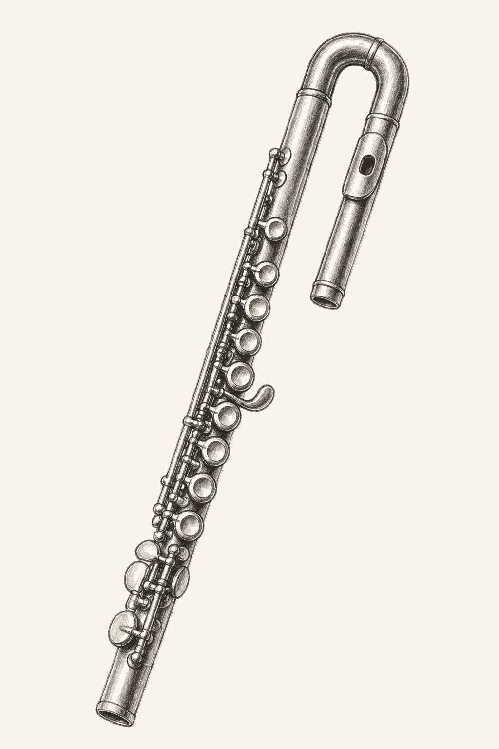 A pencil drawing of an alto flute, shown with curved headjoint and full keywork.