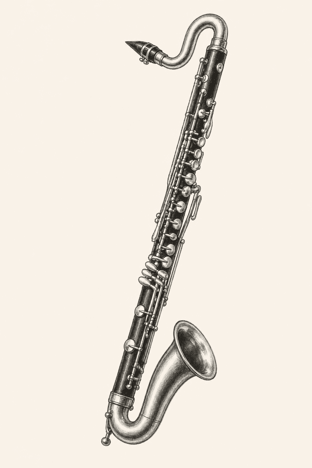 A pencil drawing of a bass clarinet, with curved metal neck above and upturned bell below.