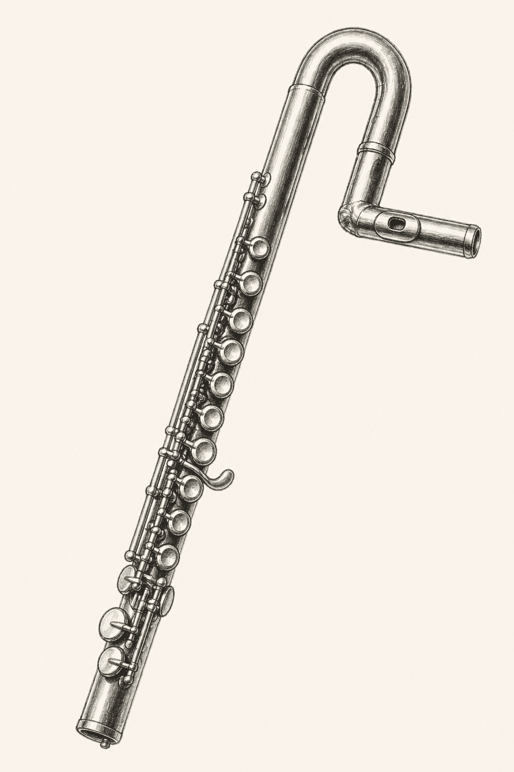 A pencil drawing of a bass flute, with its J-shaped head joint curving back toward the player.