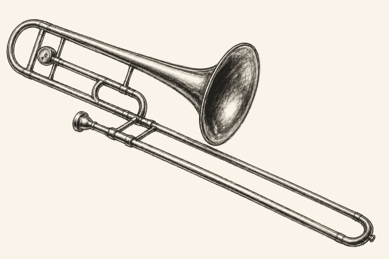 A pencil drawing of a bass trombone, slide extended, with mouthpiece detached.