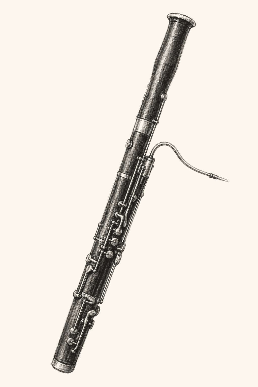 A pencil drawing of a bassoon, viewed in full with bocal and reed.