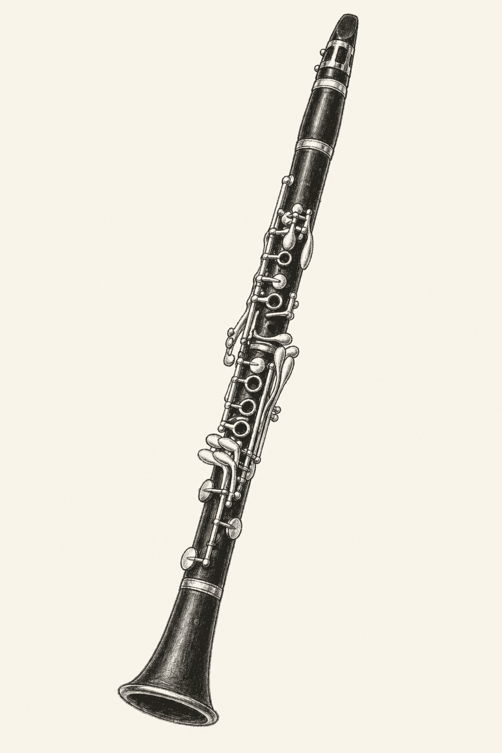 A pencil drawing of a B♭ clarinet, viewed in full with mouthpiece, barrel, joints, and flared bell.