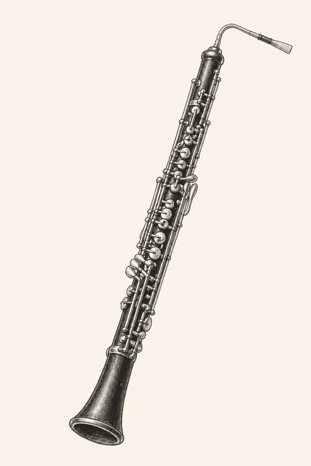 A pencil drawing of a cor anglais, viewed in full with bocal, reed, and pear-shaped bell.