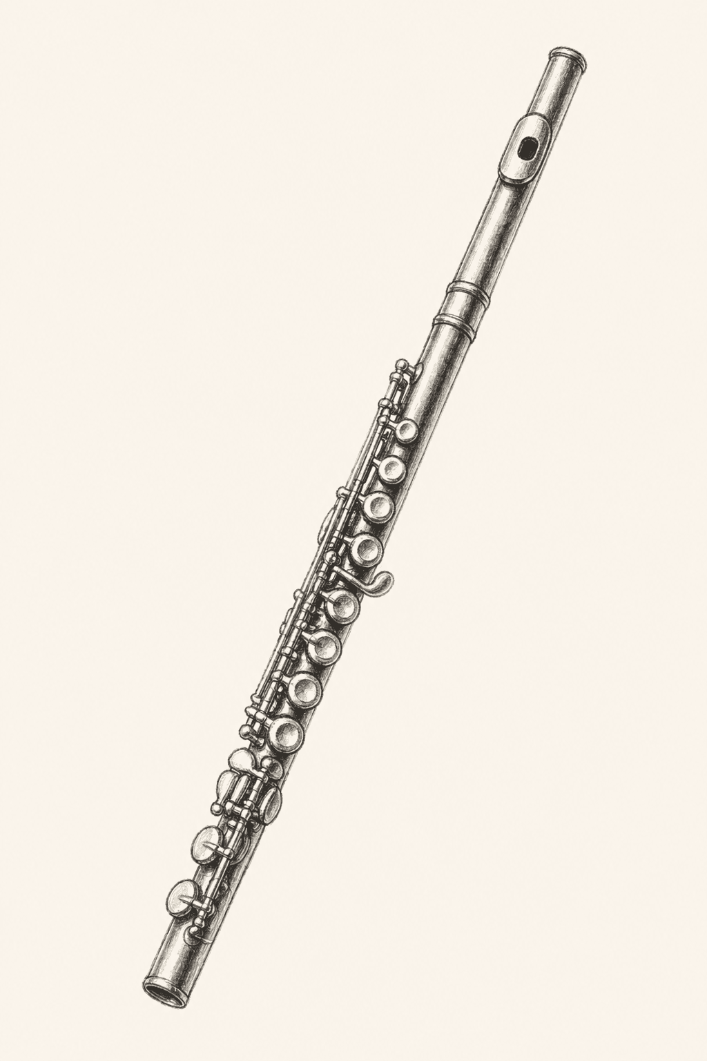 A pencil drawing of a Boehm-system transverse flute, viewed in full.