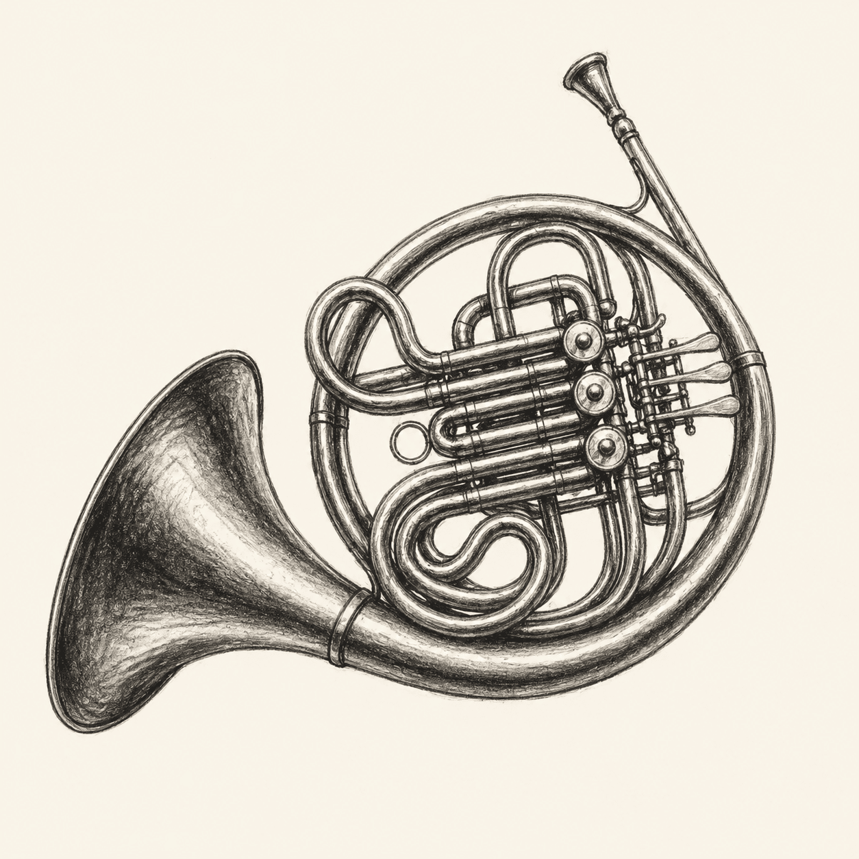 A pencil drawing of a French horn, showing the coiled tubing, rotary valves, and flared bell.