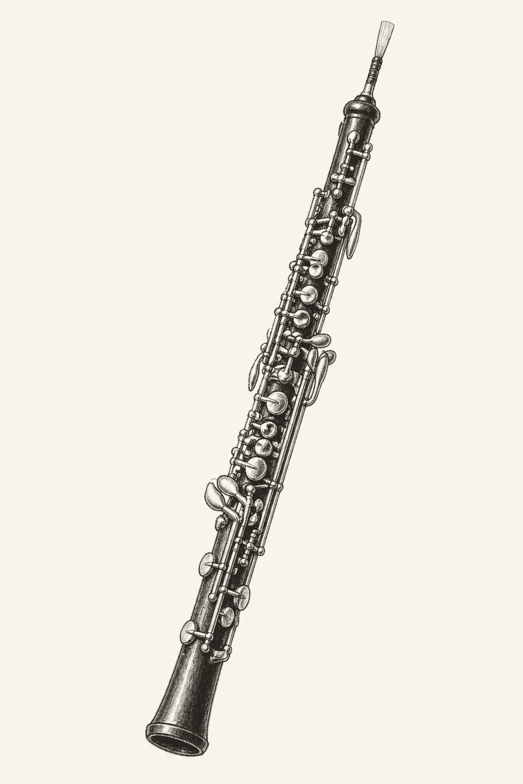 A pencil drawing of an oboe, viewed in full with reed mounted at the staple.