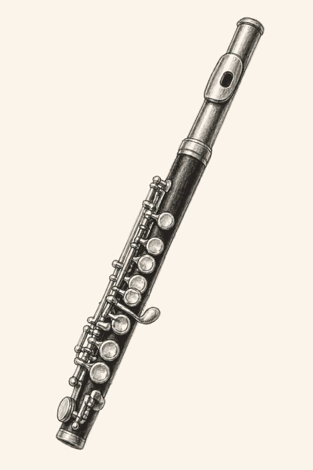 A pencil drawing of a piccolo, viewed from headjoint to foot.