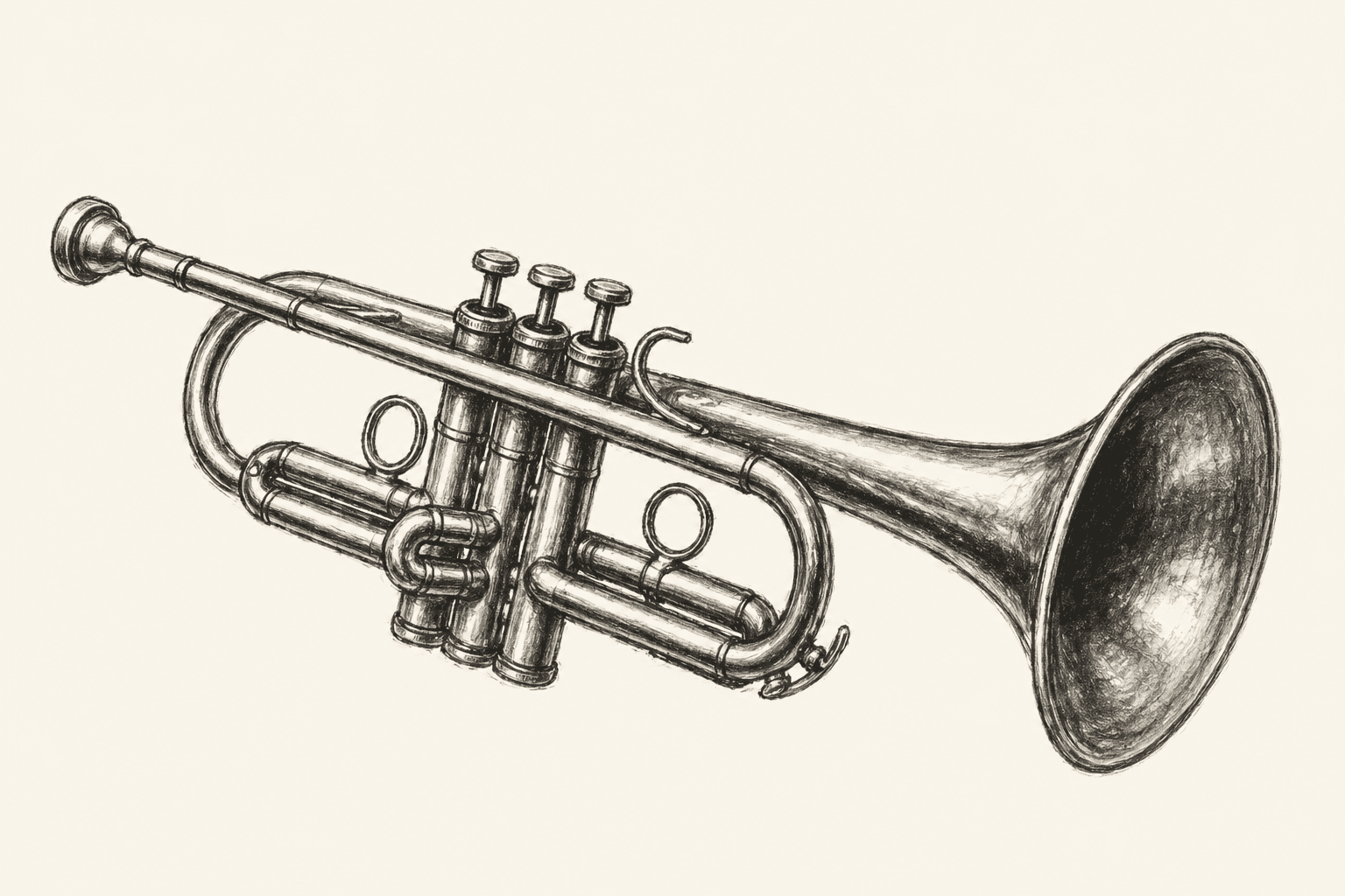 A pencil drawing of a trumpet, mouthpiece at left and bell flaring to the right.