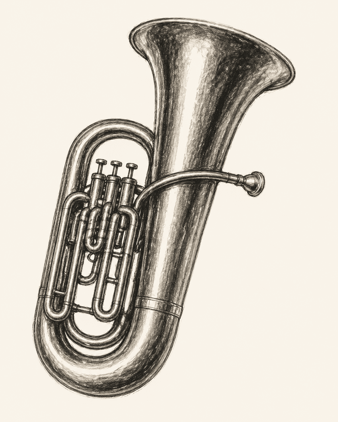 A pencil drawing of a tuba, viewed from the side, with valves, leadpipe, and flared bell.